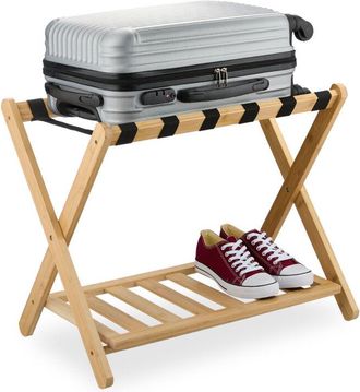 Relaxdays 2 x folding luggage racks, bamboo, HWD: 56 x 68.5 x 41.5 cm, luggage rack with shelf, hotel luggage stand, natural