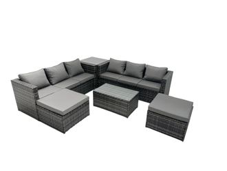 Fimous 8-seater Patio Coffee Table Sofa Set with Side Table 2 Big Footstools in Dark Grey