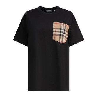 Burberry Tops, Dames, Zwart, XS, Katoen, Zwart Crew-Neck T-shirt met Ruitzak