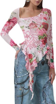 AFRM Doris Ruffle Asymmetric Mesh Top in Wing Rose at Nordstrom, Size X-Large