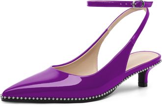 EDEFS Womens Purple Patent Leather Pointed Toe Ankle Strap Heels - 1.5 Kitten Heel Studded Slingback Pumps for Party