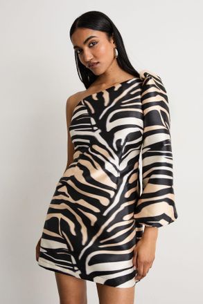 Warehouse Womens One Shoulder Puff Sleeve Mini Dress - White & Black - Size 18 UK