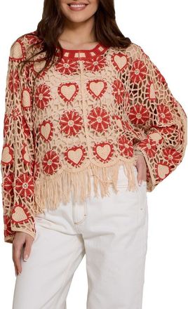 Saachi Heart Fringe Trim Crochet Poncho in Red at Nordstrom Rack