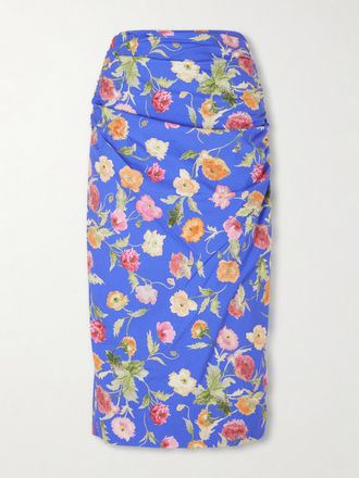 Carolina Herrera Gonna Midi In Misto Cotone Floreale Con Arricciatura - Blu