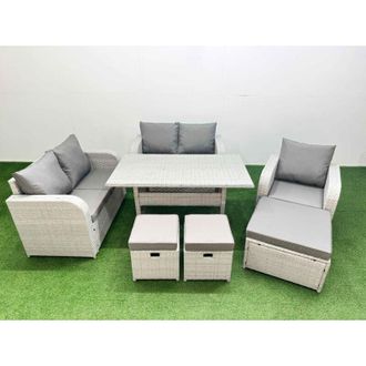 Fimous High Back Poly Rattan Garden Furniture Set with Reclining Chair Loveseat Sofa Rectangular Dining Table Indoor Outdoor Patio Set 3 Stools 2 Side Table
