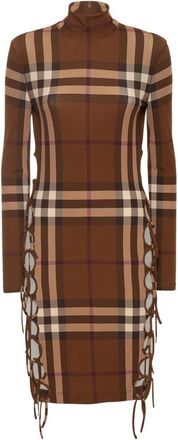Burberry Check Stretch Jurk met Strikdetail aan de Zijkant - Dames - Kleedjes - Bruin - 3XS - Leer - Kleedjes