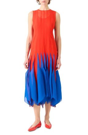 Akris High Plains Colorblock Silk Organza Dress in Vermillion-Lapis Blue at Nordstrom, Size 10