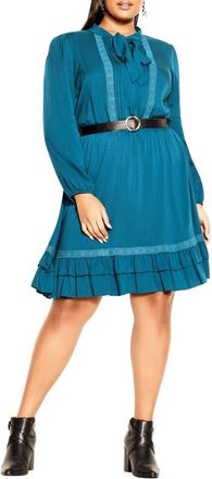 City Chic Precious Tie Neck Belted Long Sleeve Dress in Teal at Nordstrom, Size Xs