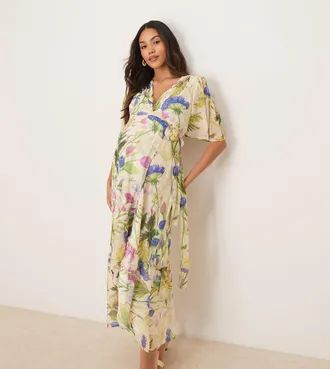 Hope & Ivy Maternity Vestito lungo a portafoglio allacciato in vita bianco stampato con maniche con volant