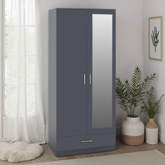 Seconique Dakotoa 2 Door 1 Drawer Mirrored Wardrobe - Dark Grey