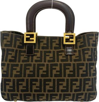 Fendi Black Brown Canvas Leather Handbag Tote Bag (Pre-Owned)