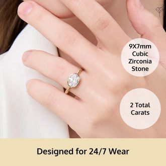 MAX + STONE Solid 10K Yellow Gold 3 Carat Oval Bezel Cubic Zirconia Bezel Oval Twist Band Ring