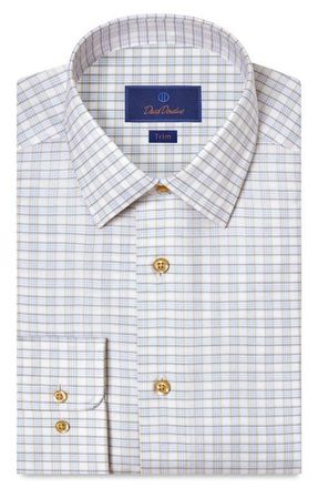 David Donahue Trim Fit Check Cotton Dobby Dress Shirt in White/Dune at Nordstrom, Size 18.5 - 34