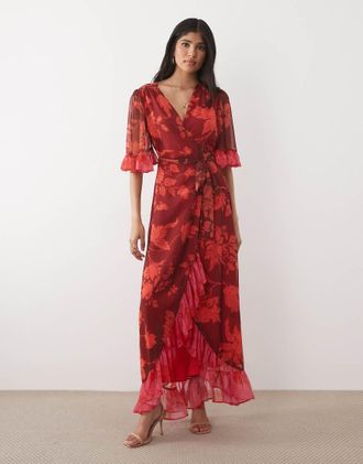 Hope & Ivy Vestito lungo avvolgente rosso a fiori con maniche con volant
