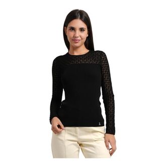 Patrizia Pepe Trui met kanten-effect en slim-fit pasvorm - Dames - Ronde hals truien - Zwart - S - Katoen - Truien & Vesten