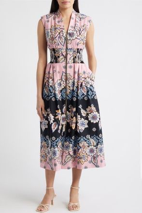 Vince Camuto Smocked Waist Stretch Cotton Midi Dress in Pink Multi at Nordstrom, Size 8
