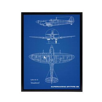 Artery8 Supermarine Spitfire 5b Blueprint Framed Canvas Wall Art Print in Blue | Size: W24 x H32