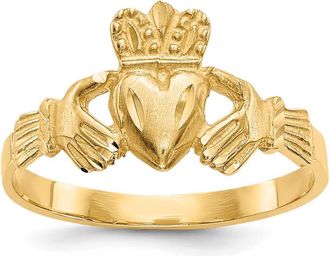 Diamond2Deal 14k Yellow Gold Satin and Diamond-cut Claddagh Ring