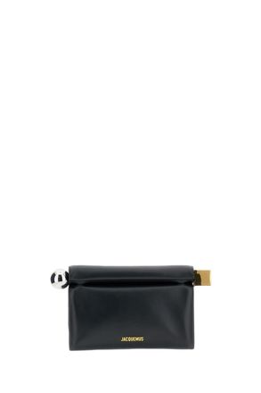 Jacquemus Folded Black Nappa Leather Clutch with Metal Closure Ends