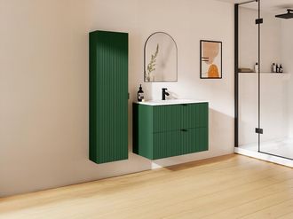 Vente-Unique Mueble de ba&ntilde;o suspendido estriado, con lavabo encastrado y columna auxiliar - Verde mate - 80 cm -ZEVINI