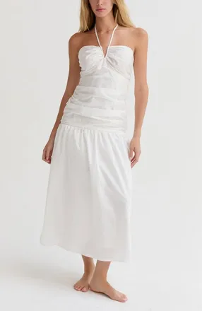 Crescent Shirred Halter Tencel Blend Midi Dress in White at Nordstrom, Size X-Small