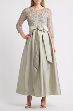 Pisarro Nights Beaded Illusion Neck Taffeta Cocktail Dress in Silver at Nordstrom, Size 16