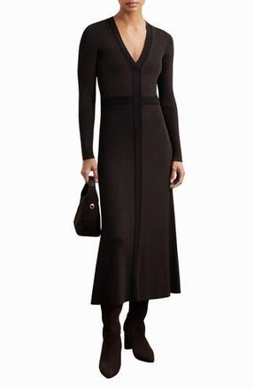 Reiss Laura Rib Long Sleeve Midi Sweater Dress in Chocolate Brown at Nordstrom Rack, Size Large