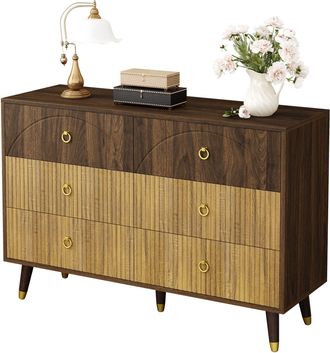 STILVORA Aparador Con 6 Cajones, Tiradores De Anilla Met&aacute;lica Dorada, Estilo Vintage, En Mdf, 120&times;40&times;81 Cm, Natural