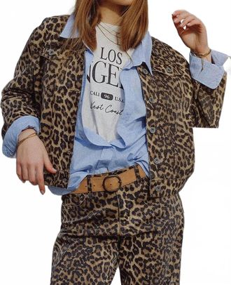 Q2 Leopard Print Denim Jacket In Brown