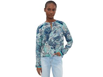 Liverpool L.A. Petite Long Sleeve Woven Top w/ Keyhole Neckline Womens Clothing Aqua Blue : PXS, Viscose