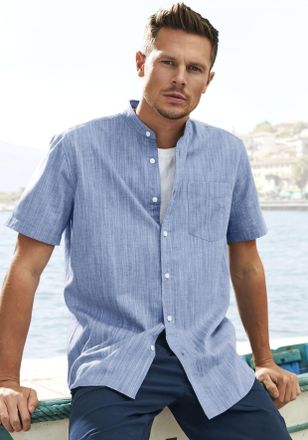 H.I.S Kurzarmhemd H.I.S, Herren, Gr. XXL (45/46), N-Gr, blau, Web, Obermaterial: 100% Baumwolle, unifarben, regular fit, Rundhals, abgesteppte Kante, Hemden