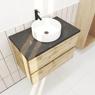 Aurlane Mueble De Ba&ntilde;o 80cm Roble Natural 2 Cajones Y Encimera Efecto M&aacute;rmol Negro + Lavabo Redondo Blanco