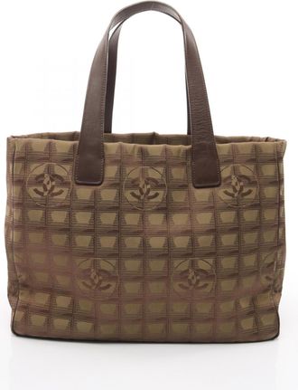 Chanel Brown Khaki Nylon Canvas Leather Tote Bag (Pre-Owned)
