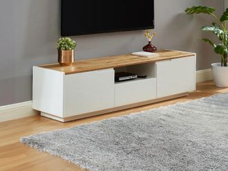 Vente-Unique Mobile TV 2 ante e 1 cassetto MDF laccato Bianco, Bianco e rovere - AMANI