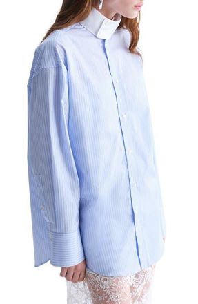 Mango Stand Collar Poplin Button-Up Shirt in Sky Blue at Nordstrom, Size 6