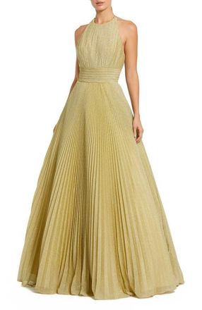 Mac Duggal Shimmering Pleated High Neck Open Back Gown in Gold at Nordstrom, Size 12