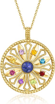 Ross-Simons Lapis and. Multi-Gemstone Flower Pendant Necklace in 18kt Gold Over Sterling