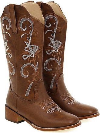 Generic Womens Square Toe Low Block Heel Classic Embroidered Western Cowgirl Boots Pull On Retro Winter Dress Shoes (Brown,5.5)