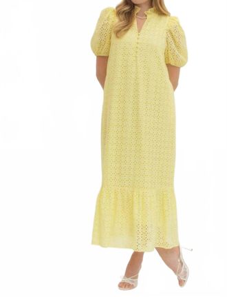 Entro Eyelet Puff Sleeve Midi Dress In Yellow