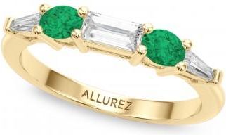 Allurez Baguette Lab Grown Diamond & Oval Emerald Wedding Ring Band 14K Yellow Gold (0.67ct)