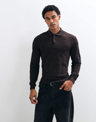 Fred Perry polo a maniche lunghe con doppio profilo marrone scuro e bordi neri