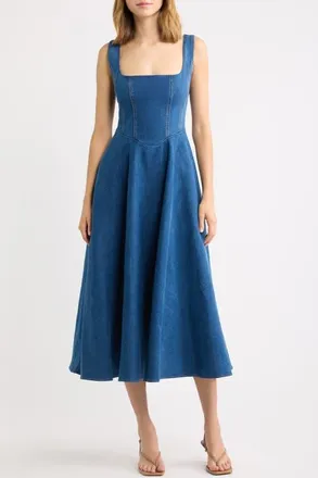 Odd Muse Square Neck Cotton Blend Denim Midi Dress in Light Blue at Nordstrom, Size Xx-Small