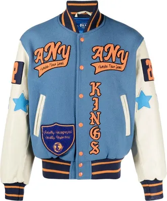 Awake NY lion-patch sport jacket - men - Nylon/Wool/Calf Leather/Polyester - M - Blue