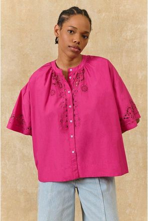 Louise Misha Blouse met korte mouwen en ronde hals, geborduurd, FEONYS