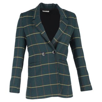 Anine Bing Houndstooth Double-Breasted Blazer in Green Polyester