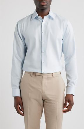 Nordstrom Trim Fit Premium Linen Dobby Dress Shirt in Blue Adriano Texture at Nordstrom, Size 15.5 - 32