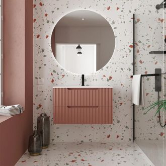Aurlane Mueble De Ba&ntilde;o 80cm Terracota - Cajones Mdf Ondulado - Lavabo Empotrable