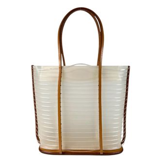 Ferragamo Brown White Leather Pvc Handbag Tote Bag (Pre-Owned)
