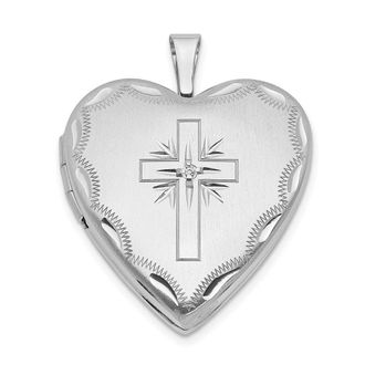 Diamond2Deal 14k White Gold Diamond Satin and Diamond-cut Cross 20mm Heart Locket
