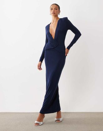 Missy Empire vestito lungo maxi con spalle scoperte, scollo a V e dettaglio twist sul davanti, navy-blu navy